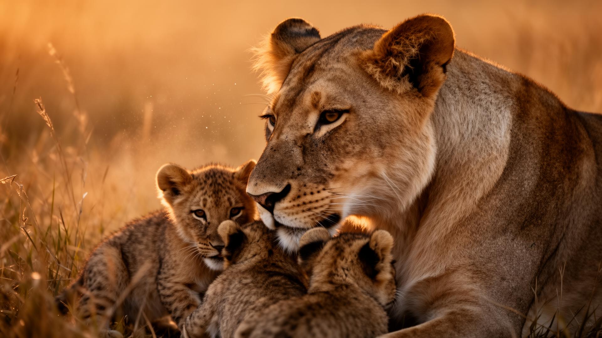 Lioness with cubs in golden grass