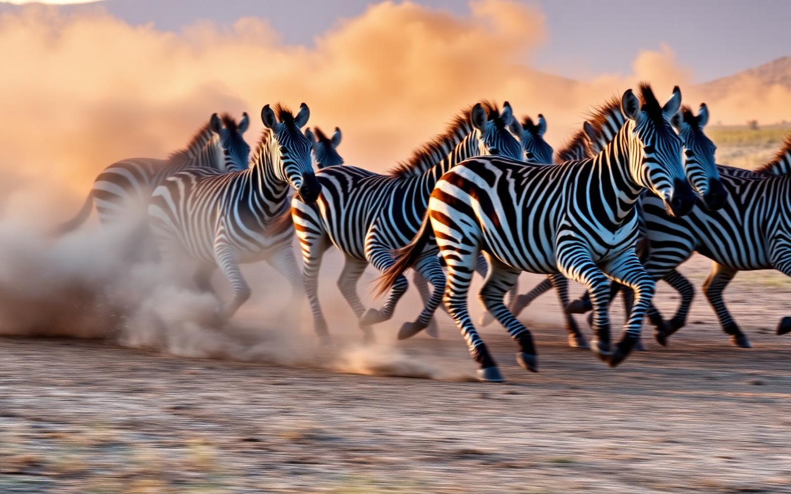 Zebras running through dust